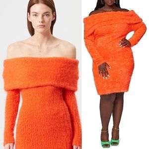 NWT ZELIE FOR SHE Sweater Dress Off Shoulder Fuzzy Eyelash Knit Neon Bodycon 2X